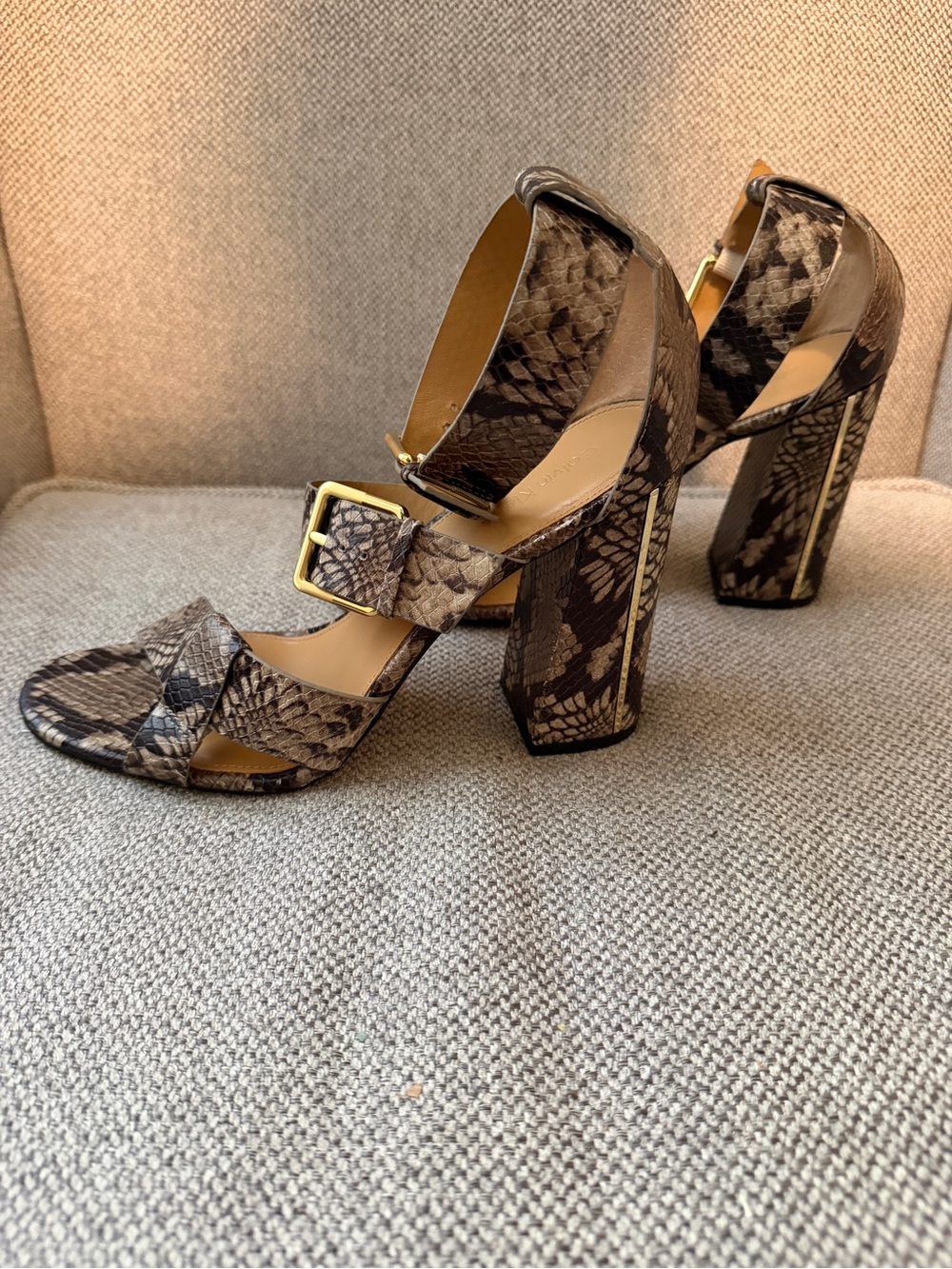 Calvin Klein Snake-Print Ankle-Strap Heels - Brown/Black - Picture 3 of 7